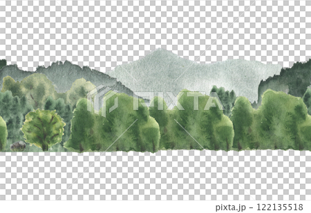 Woodland view lush greenery by watercolor seamless border isolated on white. Forest area and misty mountains hand drawn on repeated footer. Scenic landscape of greenery hills and dense foliage. Woodland view lush greenery by watercolor seamless border isolated on white. Forest area and misty mountains hand drawn on repeated footer. Scenic landscape of greenery hills and dense foliage. 122135518