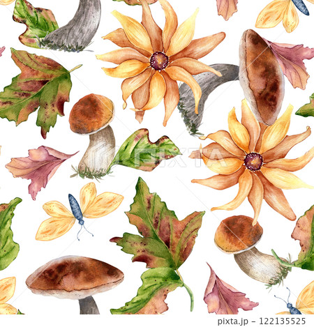 White mushrooms, yellow flowers and butterflies watercolor seamless pattern isolated. Autumn leaves with porcini, boletus hand drawn. Floral botanical repeated background with forest plants for design 122135525