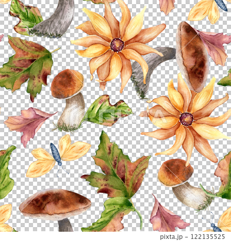 White mushrooms, yellow flowers and butterflies watercolor seamless pattern isolated. Autumn leaves with porcini, boletus hand drawn. Floral botanical repeated background with forest plants for design 122135525