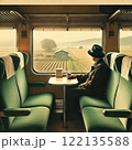 電車の車内から車窓を眺めるおじいさん 122135588