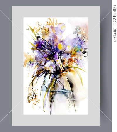 Fresh fragrant flowers inside vase filled with water on poster. Watercolor artwork Fresh fragrant flowers inside vase filled with water on poster. Watercolor artwork 122135875
