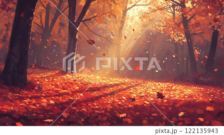 紅葉の木々と木漏れ日 122135943