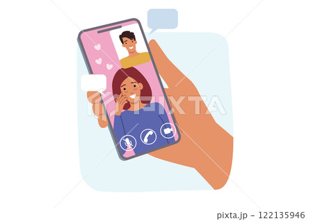 Digital dating in mobile phone application, between woman and man using video chat 122135946