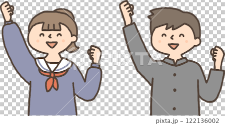 ガッツポーズをする学生服の男女 ガッツポーズをする学生服の男女 122136002