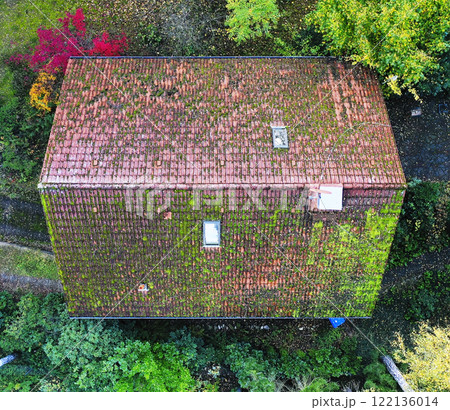 Drone capturing aerial view of damaged roof covered by moss 122136014