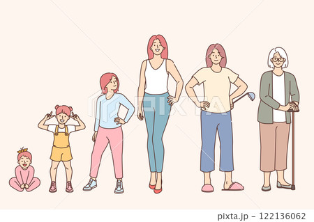 Life cycle of woman transforms from little baby to grown lady and gray-haired grandmother Life cycle of woman transforms from little baby to grown lady and gray-haired grandmother 122136062