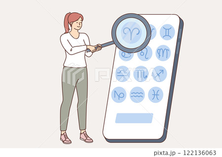 Woman uses mobile application with horoscope on phone, choosing own zodiac sign to find out forecast 122136063