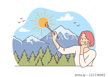 Creative woman draws sunny nature and dreams of visiting ecologically clean reserve with smile 122136065