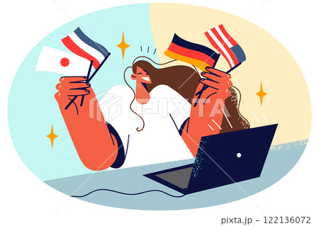 Smiling woman with laptop hold countries flags Smiling woman with laptop hold countries flags 122136072