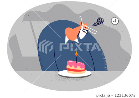 Distressed elderly grandfather celebrate with cake alone 122136078