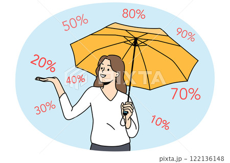 Shopaholic woman stands among numbers symbolizing size discount in store and holds umbrella in hand 122136148