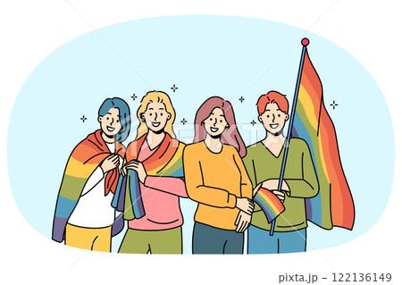 LGBT people with rainbow flags for gay parade are called to celebrate pride month 122136149