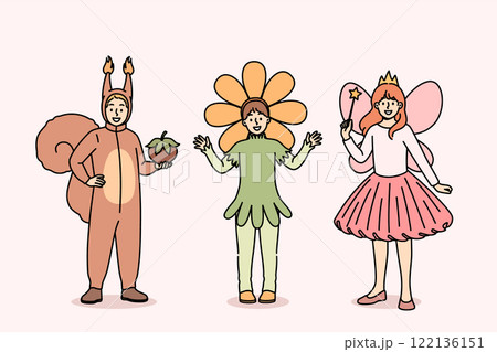 Children in carnival costumes of squirrel or fairy and flower are ready to go to masquerade party 122136151