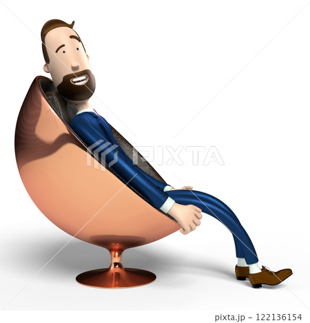 Handsome cartoon businessman sitting in shiny egg/ ball chair - 3D illustration 122136154