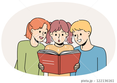 Children read book and are amazed at facts from history described in school encyclopedia 122136161
