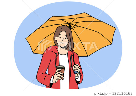 Woman holds plastic cup with coffee takeouts and umbrella protecting from rain during autumn walk 122136165