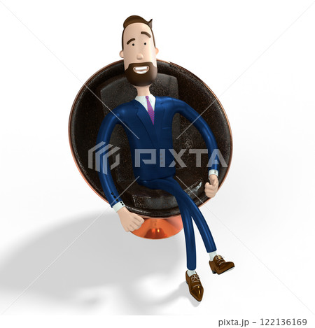 Handsome cartoon businessman sitting in shiny egg/ ball chair - 3D illustration 122136169