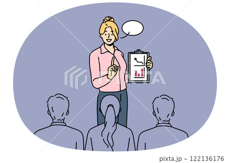Successful business woman speaks at presentation showing clipboard with growing financial graphs 122136176