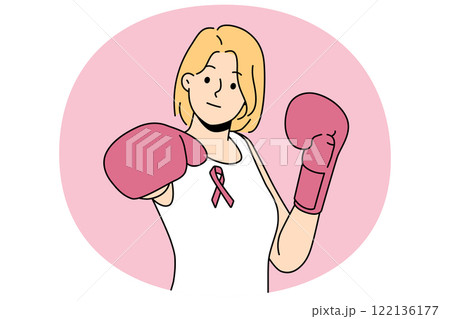 Woman fights cancerous tumor using boxing gloves and resisting development breast cancer 122136177