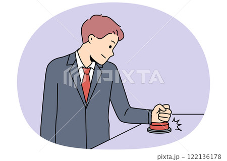 Business man presses red button to launch new corporate process or promising startup 122136178