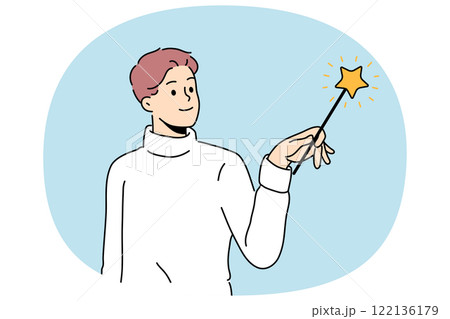 Man wizard uses fairy magic wand and casts enchanting spell during witchcraft or magic trick Man wizard uses fairy magic wand and casts enchanting spell during witchcraft or magic trick 122136179