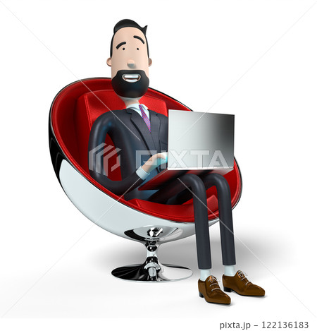 Handsome cartoon businessman working on a laptop - 3D illustration Handsome cartoon businessman working on a laptop - 3D illustration 122136183