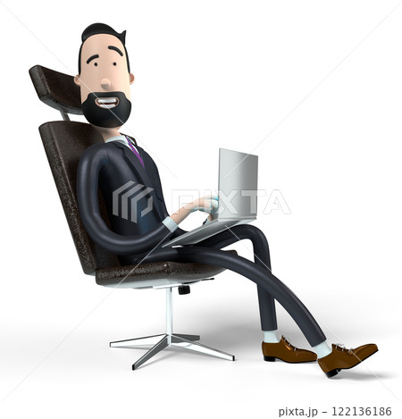 Handsome cartoon businessman sitting in office chair and working on a laptop - 3D illustration 122136186