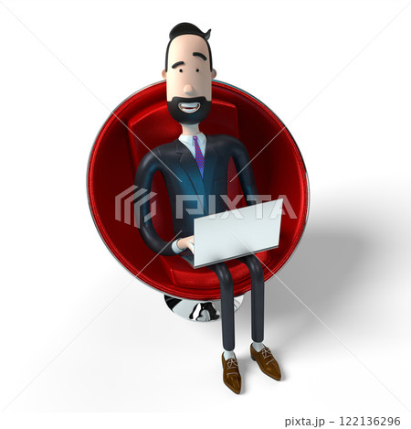 Handsome cartoon businessman working on a laptop - 3D illustration Handsome cartoon businessman working on a laptop - 3D illustration 122136296