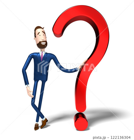 Handsome cartoon businessman and question mark sign - 3D illustration 122136304