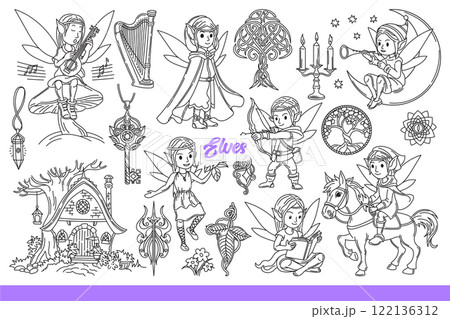 Elves with wings on backs and pointed ears from ancient legends or myths. Hand drawn. Elves with wings on backs and pointed ears from ancient legends or myths. Hand drawn. 122136312