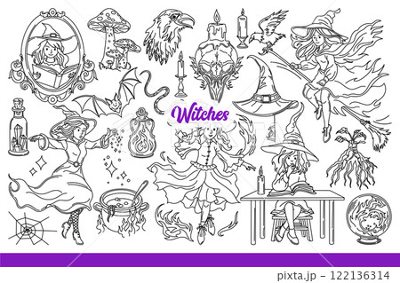 Witches reading books with witchcraft spells and preparing magic potion in cauldron. Hand drawn. 122136314