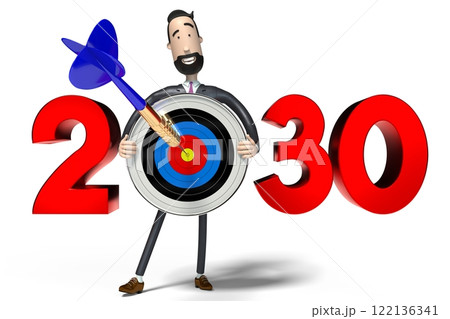 Hipster cartoon businessman holding dartboard - 2030 concept - 3D illustration 122136341