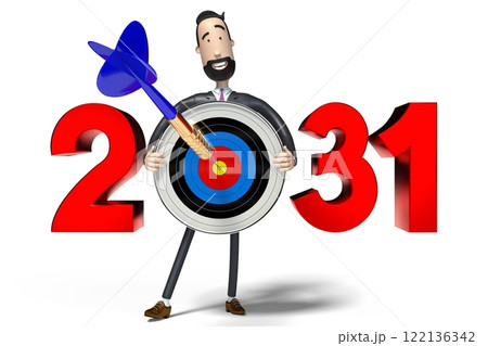 Hipster cartoon businessman holding dartboard - 2031 concept - 3D illustration 122136342