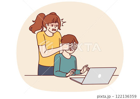 Teenage girl defends little brother who uses laptop and visits adult websites in internet 122136359