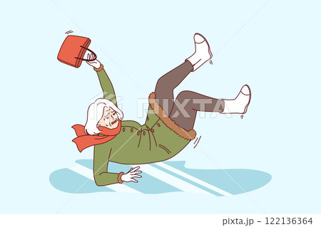 Elderly woman slips on slippery ground and falls, risking injury due to uncleaned ice 122136364