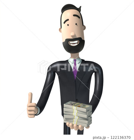 Handsome cartoon businessman holding 100 dollar bills - 3D illustration 122136370