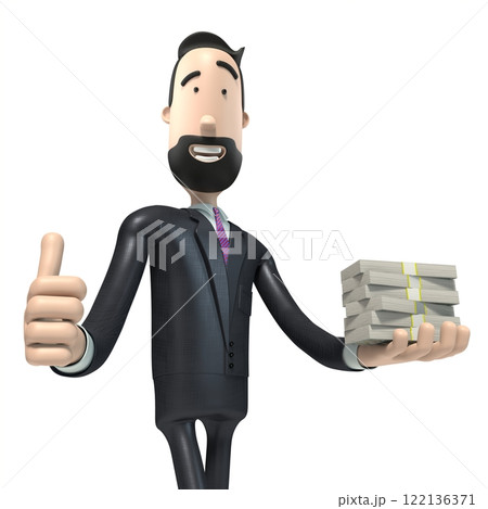 Handsome cartoon businessman holding 100 dollar bills - 3D illustration Handsome cartoon businessman holding 100 dollar bills - 3D illustration 122136371