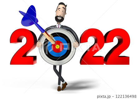 Hipster cartoon businessman holding dartboard - 2022 concept - 3D illustration 122136498