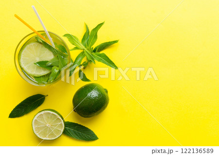 Caipirinha, Mojito cocktail, vodka or soda drink with lime, mint and straw on table background. Refreshing beverage with mint and lime in glass top view flat lay Caipirinha, Mojito cocktail, vodka or soda drink with lime, mint and straw on table background. Refreshing beverage with mint and lime in glass top view flat lay 122136589