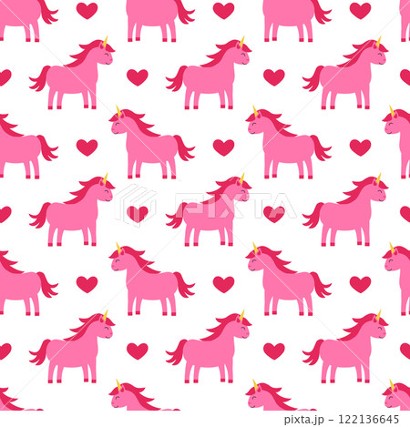 Seamless Pattern with Pink unicorn and heart. Children vector flat illustration. 122136645