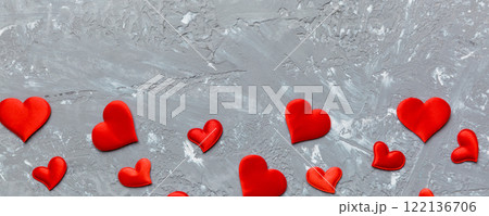 Valentine day background with red hearts, top view with copy space 122136706