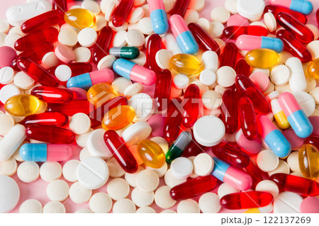 Many different colorful medication and pills perspective view. Set of many pills on colored background Many different colorful medication and pills perspective view. Set of many pills on colored background 122137269