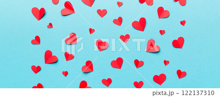 Valentine day background with red hearts, top view with copy space 122137310