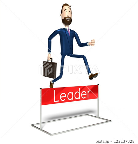 Hipster cartoon character businessman jumps over an obstacle - leader concept - 3D illustration 122137329