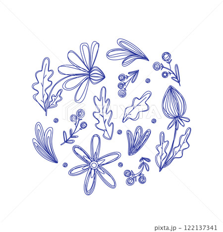 Set of illustrations with doodle flowers. Hand drawn vector sketch for design. 122137341