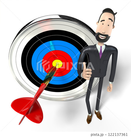 Hipster cartoon businessman and dartboard - success concept - 3D illustration Hipster cartoon businessman and dartboard - success concept - 3D illustration 122137361