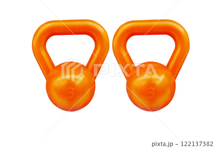 Heavy orange dumbbell on white background. Heavy orange dumbbell on white background. 122137382