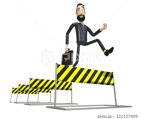 Hipster cartoon character businessman jumps over obstacles - 3D illustration 122137409
