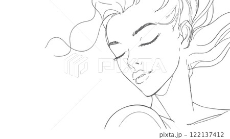 Continuous one single line art girl face concept. Beautiful woman portrait fashion hair hand drawn sketch. Beauty happy smiling young lady side head gray white monochrome vector illustration Continuous one single line art girl face concept. Beautiful woman portrait fashion hair hand drawn sketch. Beauty happy smiling young lady side head gray white monochrome vector illustration 122137412