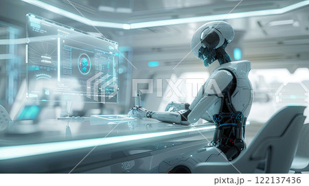 A futuristic humanoid robot working at a modern minimalist office desk, analyzing data on multiple holographic screens 122137436